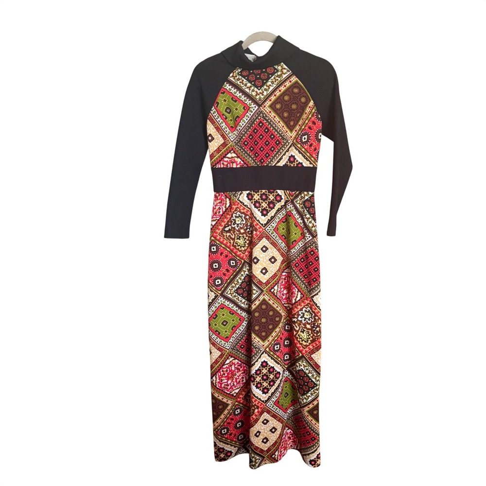 70’s Bleeker Street Maxi Dress Vintage Patchwork Print M Black Multi Excellent‎